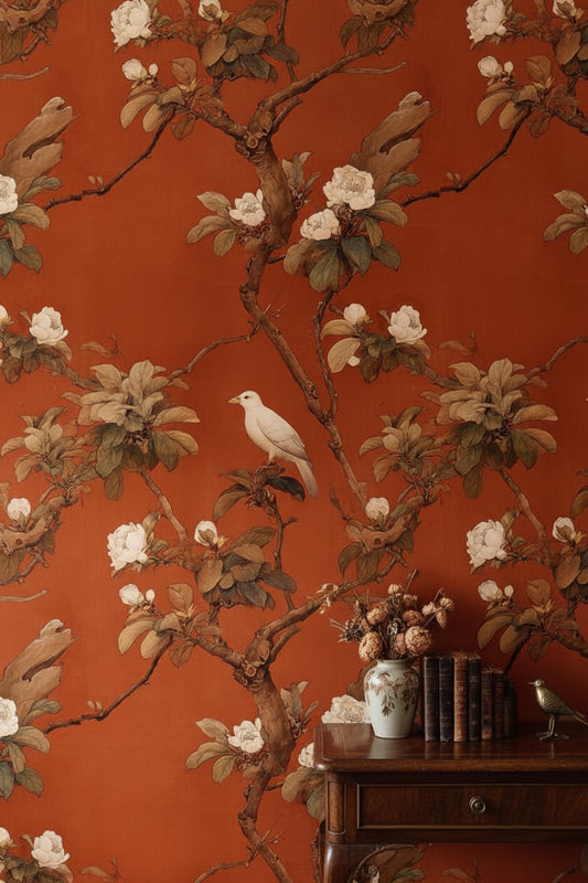 Terracotta Bold Floral and Bird Motif Wallpaper