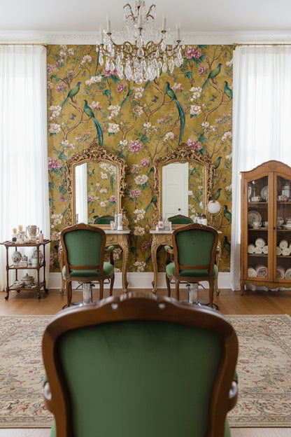 Golden Look Vintage Bird and Magnolia Wallpaper