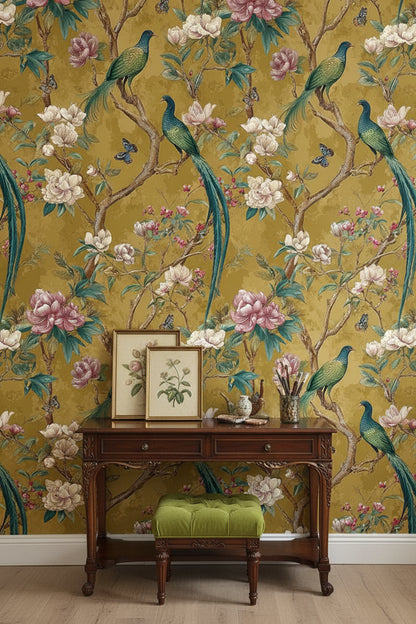 Golden Look Vintage Bird and Magnolia Wallpaper