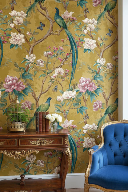 Golden Look Vintage Bird and Magnolia Wallpaper