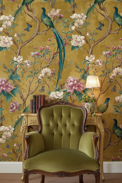 Golden Look Vintage Bird and Magnolia Wallpaper