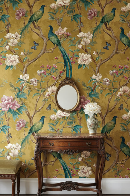 Golden Look Vintage Bird and Magnolia Wallpaper
