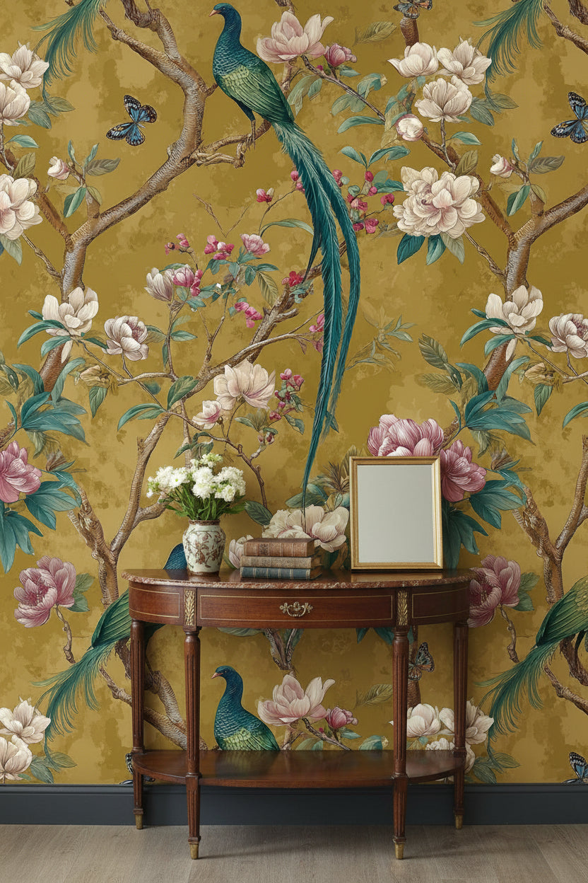 Golden Look Vintage Bird and Magnolia Wallpaper