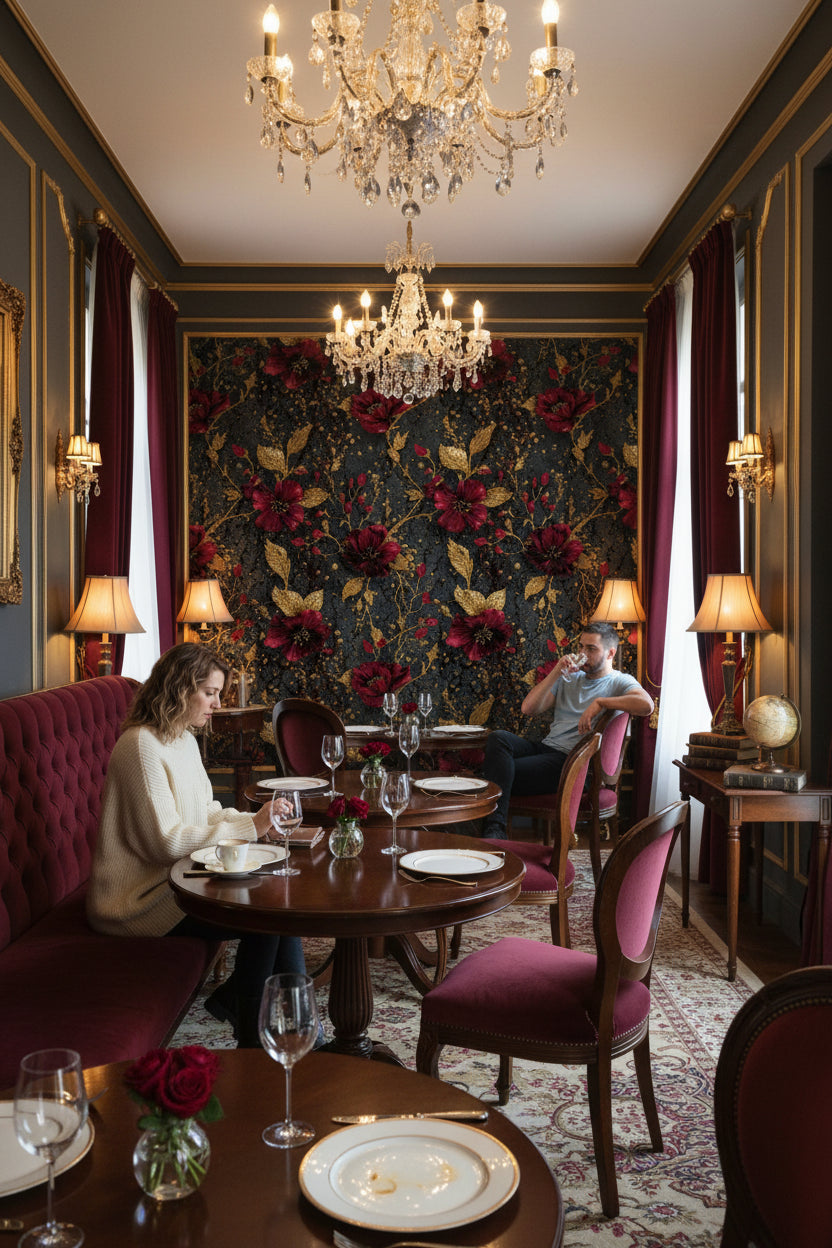 Elegant Burgundy and Gold Look Floral Wallpaper