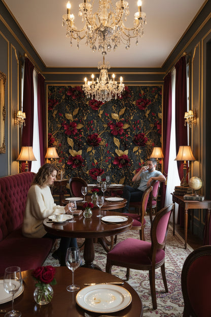 Elegant Burgundy and Gold Look Floral Wallpaper