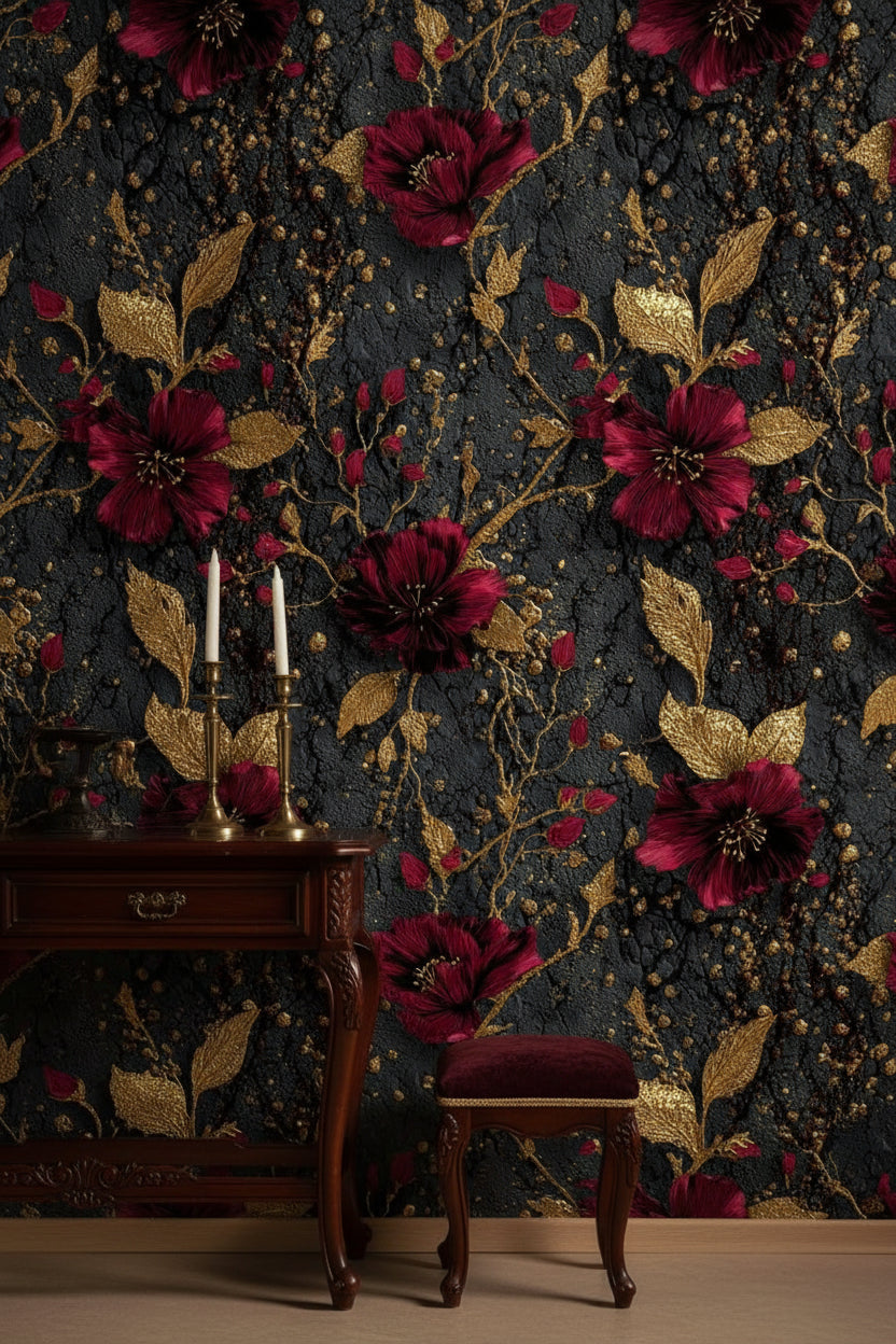 Elegant Burgundy and Gold Look Floral Wallpaper