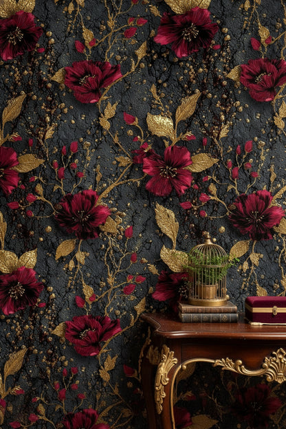 Elegant Burgundy and Gold Look Floral Wallpaper