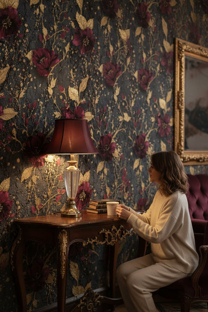 Elegant Burgundy and Gold Look Floral Wallpaper