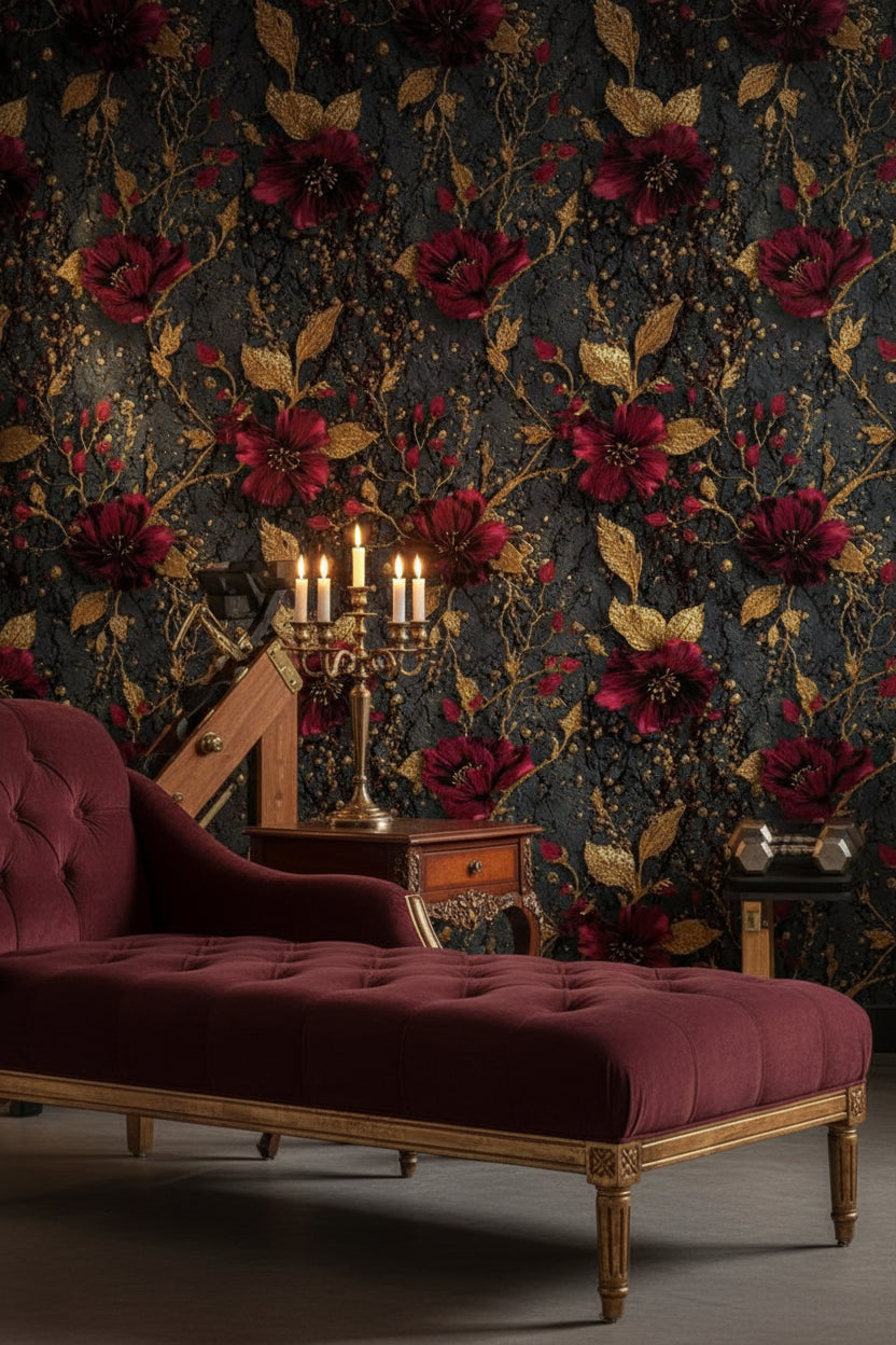 Elegant Burgundy and Gold Look Floral Wallpaper