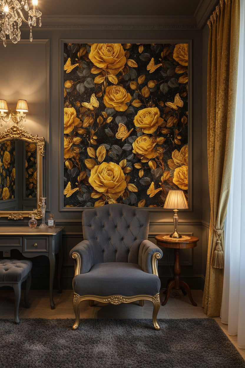 Golden Look Rose and Butterfly Dark Floral Wallpaper