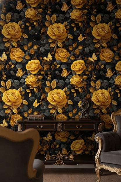 Golden Look Rose and Butterfly Dark Floral Wallpaper