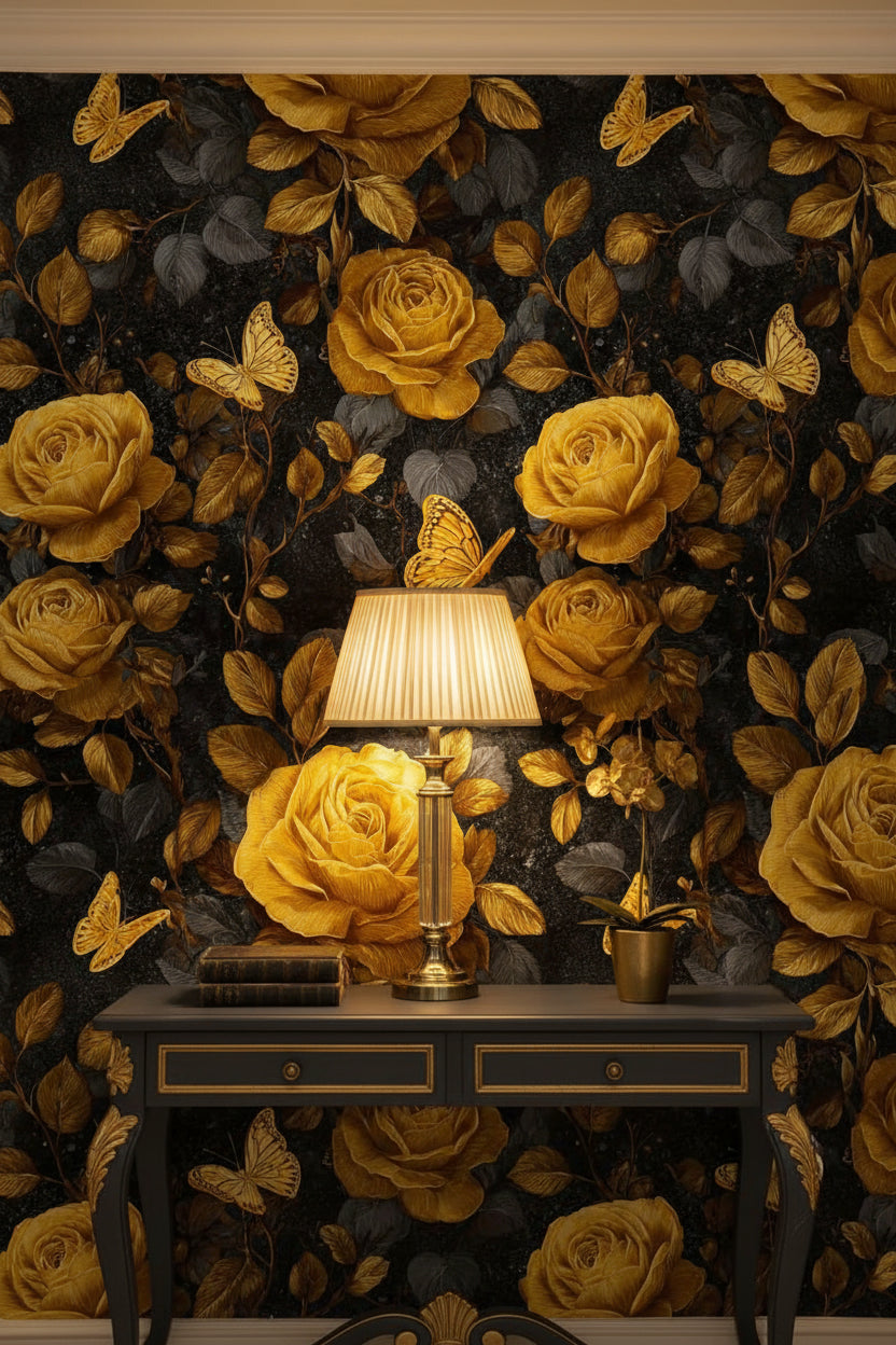 Golden Look Rose and Butterfly Dark Floral Wallpaper