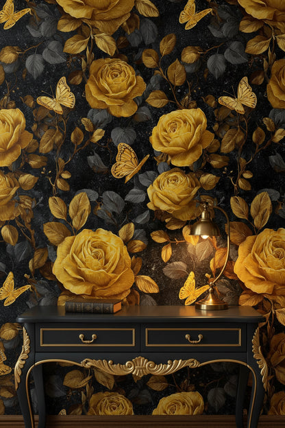 Golden Look Rose and Butterfly Dark Floral Wallpaper