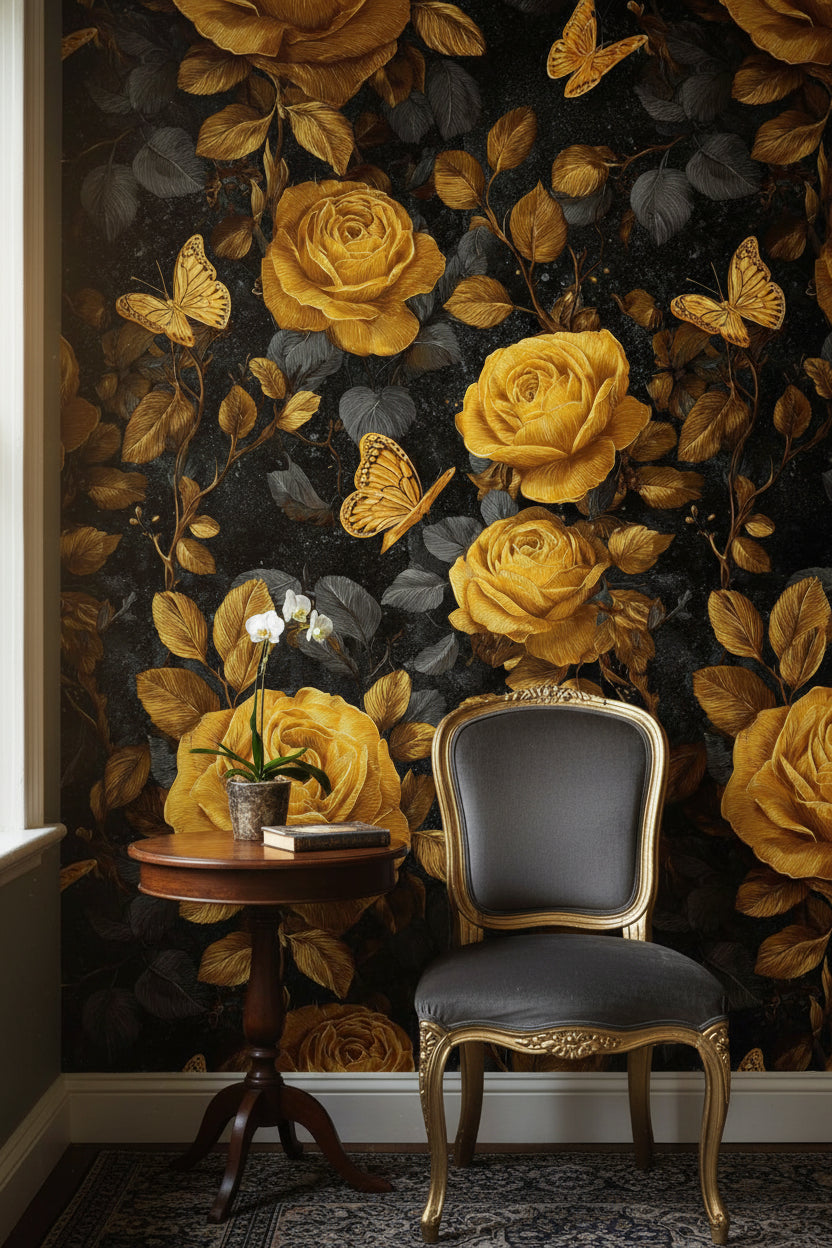 Golden Look Rose and Butterfly Dark Floral Wallpaper