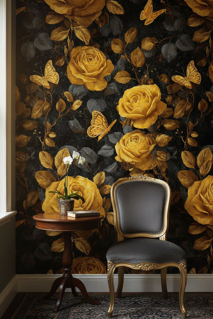 Golden Look Rose and Butterfly Dark Floral Wallpaper