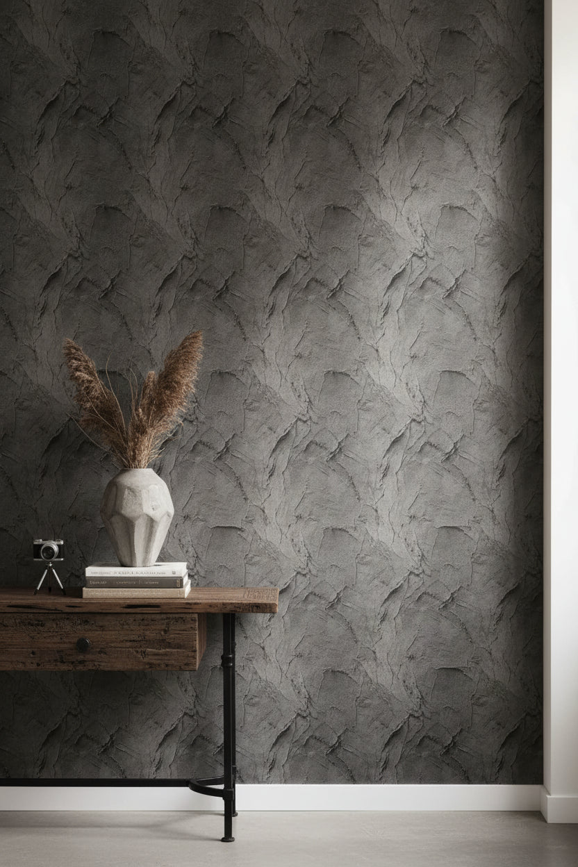 Charcoal Gray Textured Concrete Effect Wallpaper