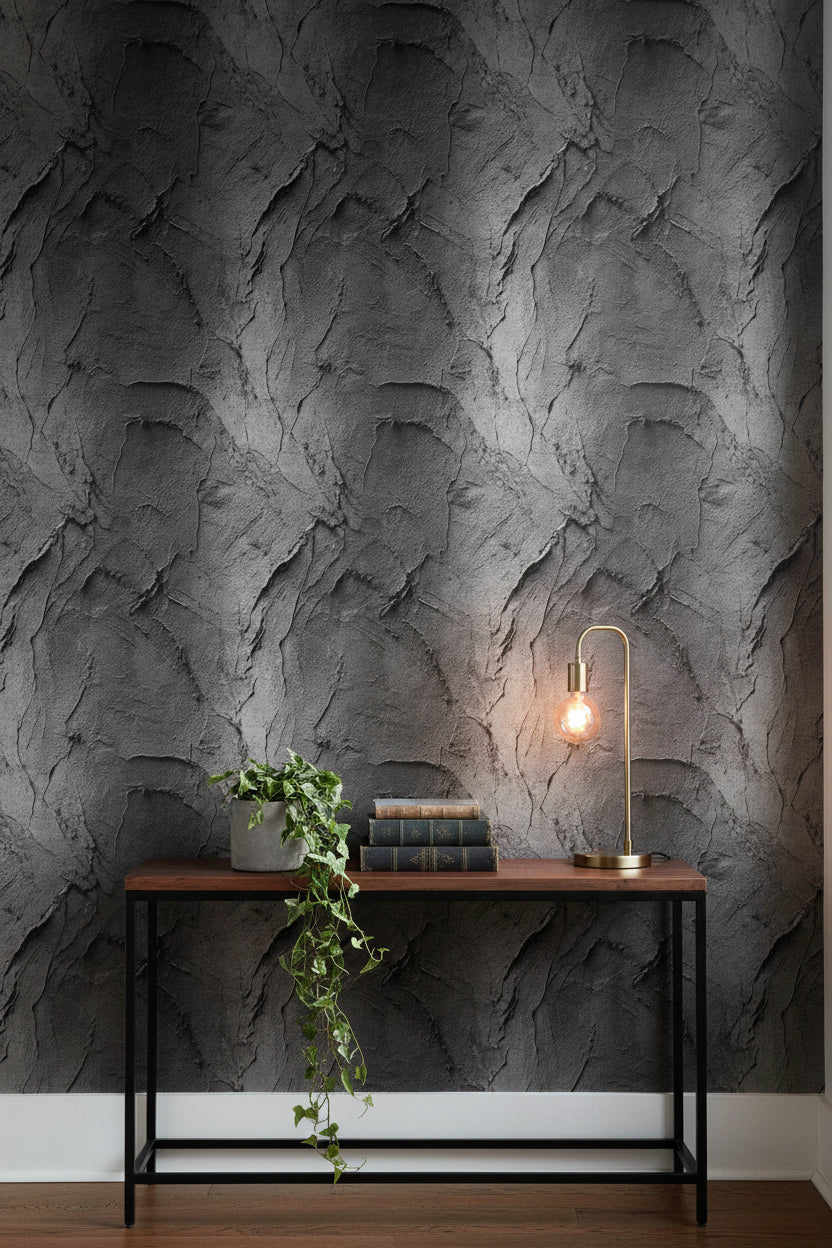 Charcoal Gray Textured Concrete Effect Wallpaper