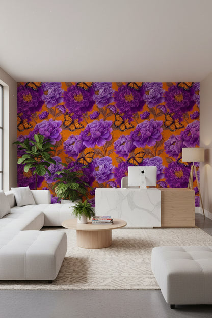 Vibrant Orange and Purple Peony Butterfly Wallpaper