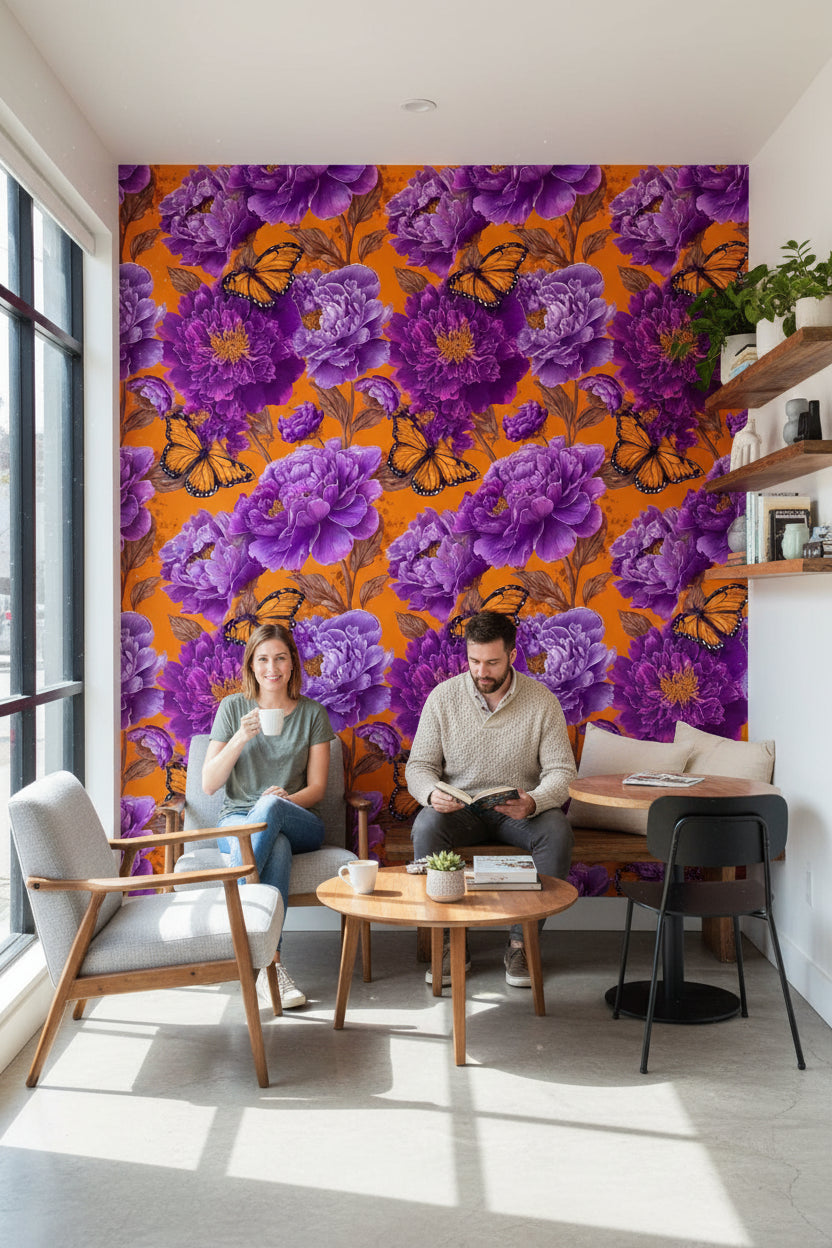 Vibrant Orange and Purple Peony Butterfly Wallpaper