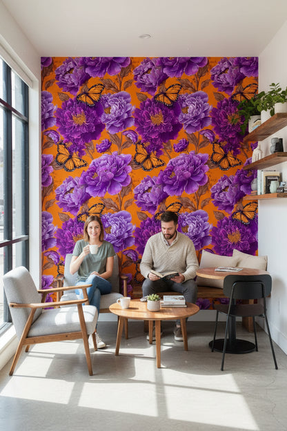 Vibrant Orange and Purple Peony Butterfly Wallpaper