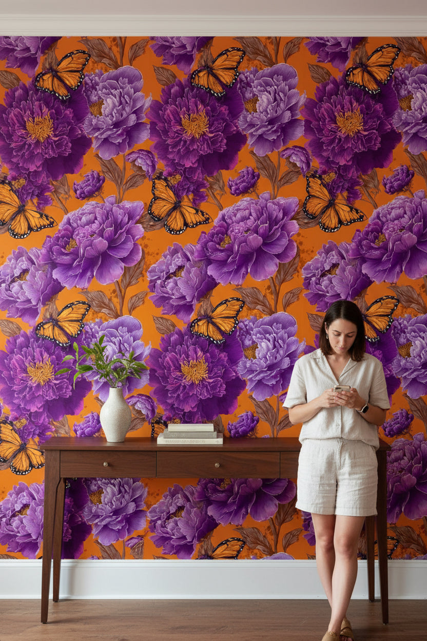 Vibrant Orange and Purple Peony Butterfly Wallpaper