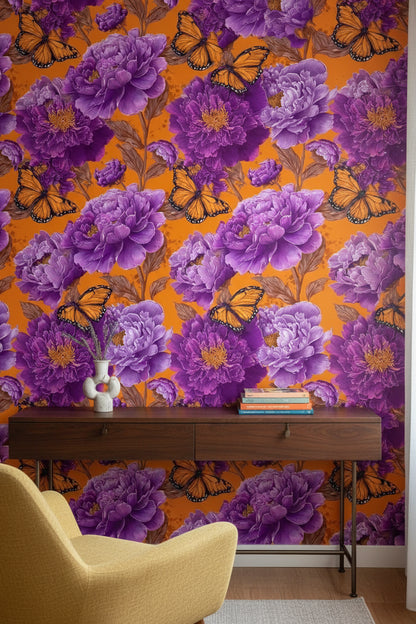 Vibrant Orange and Purple Peony Butterfly Wallpaper