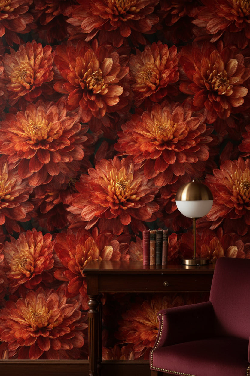 Fiery Orange Chrysanthemum Floral Wallpaper