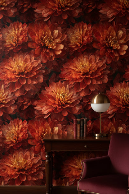 Fiery Orange Chrysanthemum Floral Wallpaper