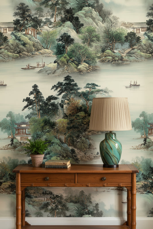 Serene Green Chinoiserie Landscape Wallpaper