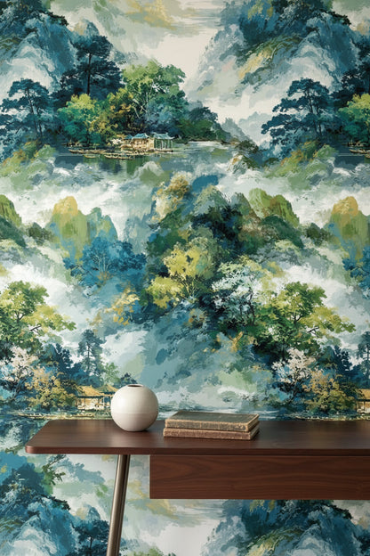 Teal and Green Watercolor Landscape Wallpaper