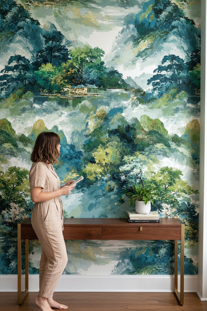 Teal and Green Watercolor Landscape Wallpaper