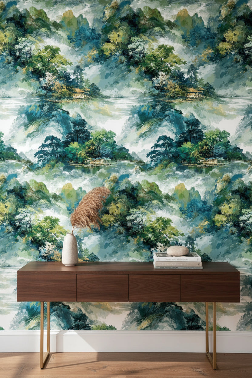 Teal and Green Watercolor Landscape Wallpaper