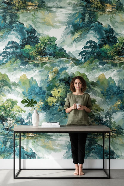 Teal and Green Watercolor Landscape Wallpaper