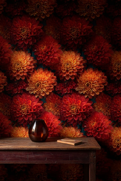 Fiery Red Dahlia Bloom Floral Wallpaper