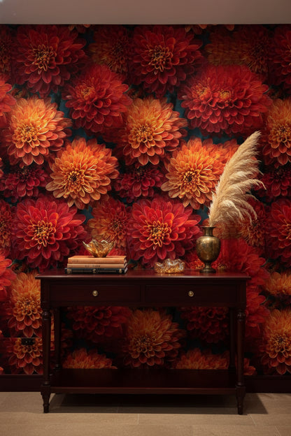 Fiery Red Dahlia Bloom Floral Wallpaper
