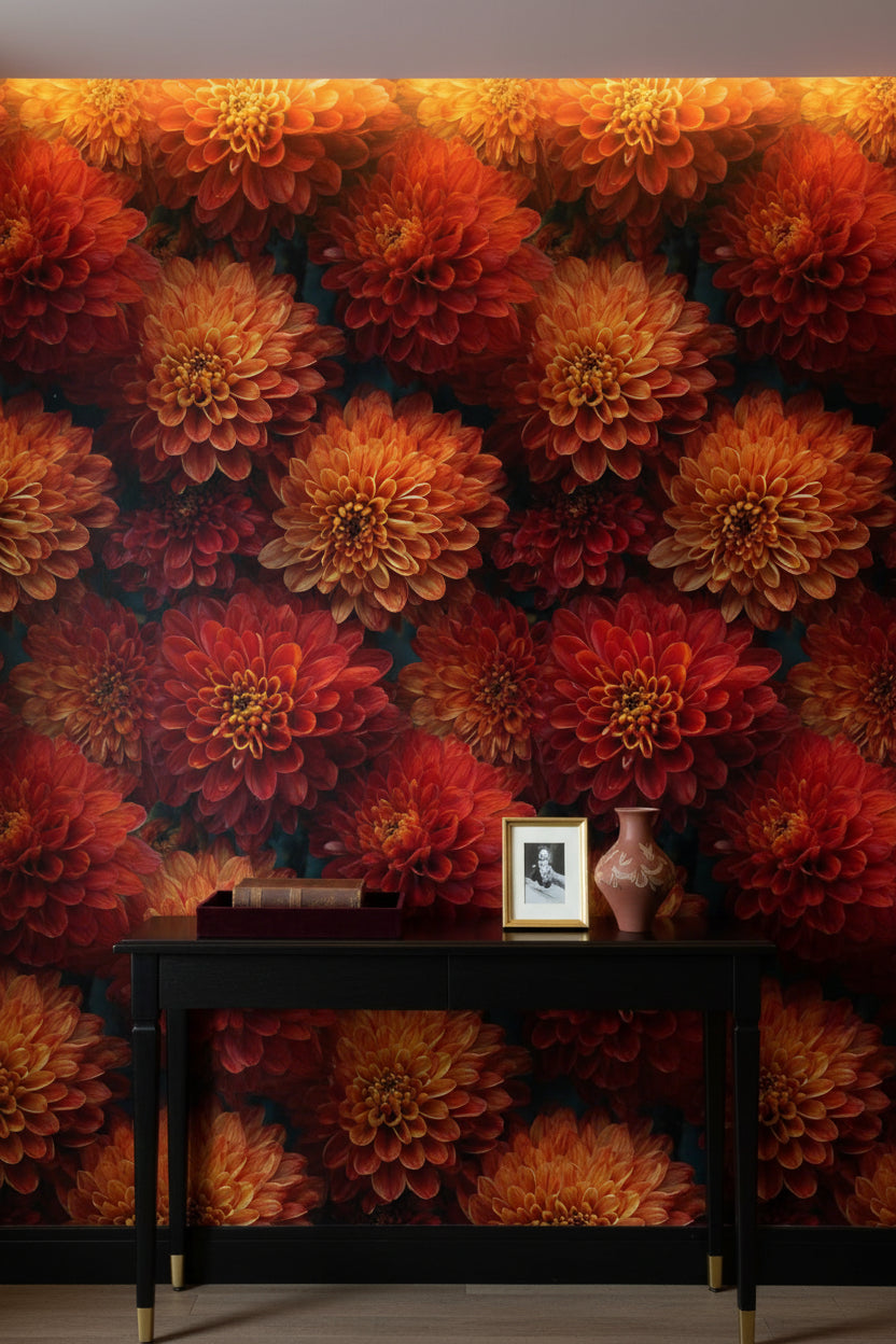 Fiery Red Dahlia Bloom Floral Wallpaper