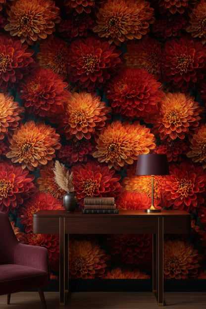 Fiery Red Dahlia Bloom Floral Wallpaper