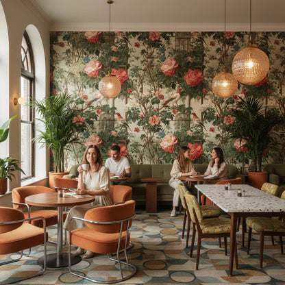 Cream and Green Rose Garden with Birds Wallpaper