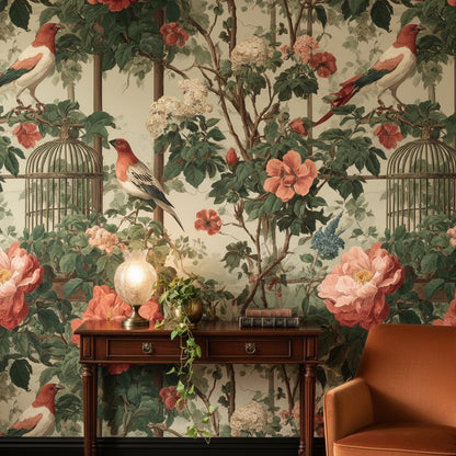 Cream and Green Rose Garden with Birds Wallpaper