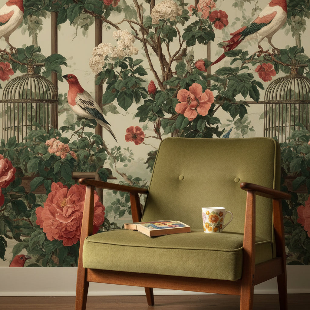 Cream and Green Rose Garden with Birds Wallpaper