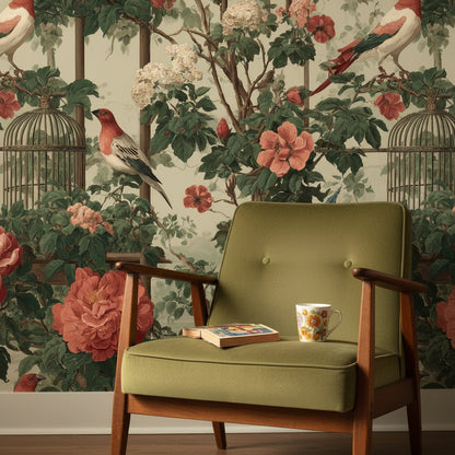 Cream and Green Rose Garden with Birds Wallpaper
