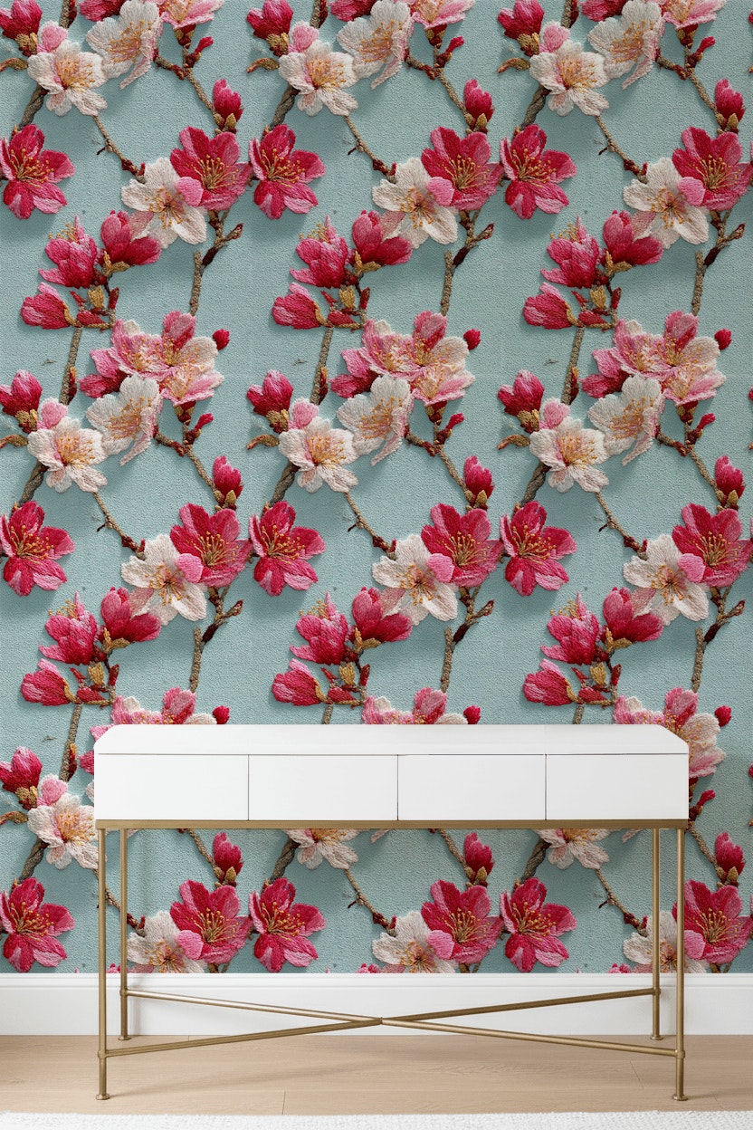 Aqua Blue Cherry Blossom Floral Wallpaper