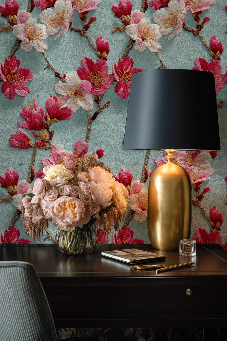 Aqua Blue Cherry Blossom Floral Wallpaper
