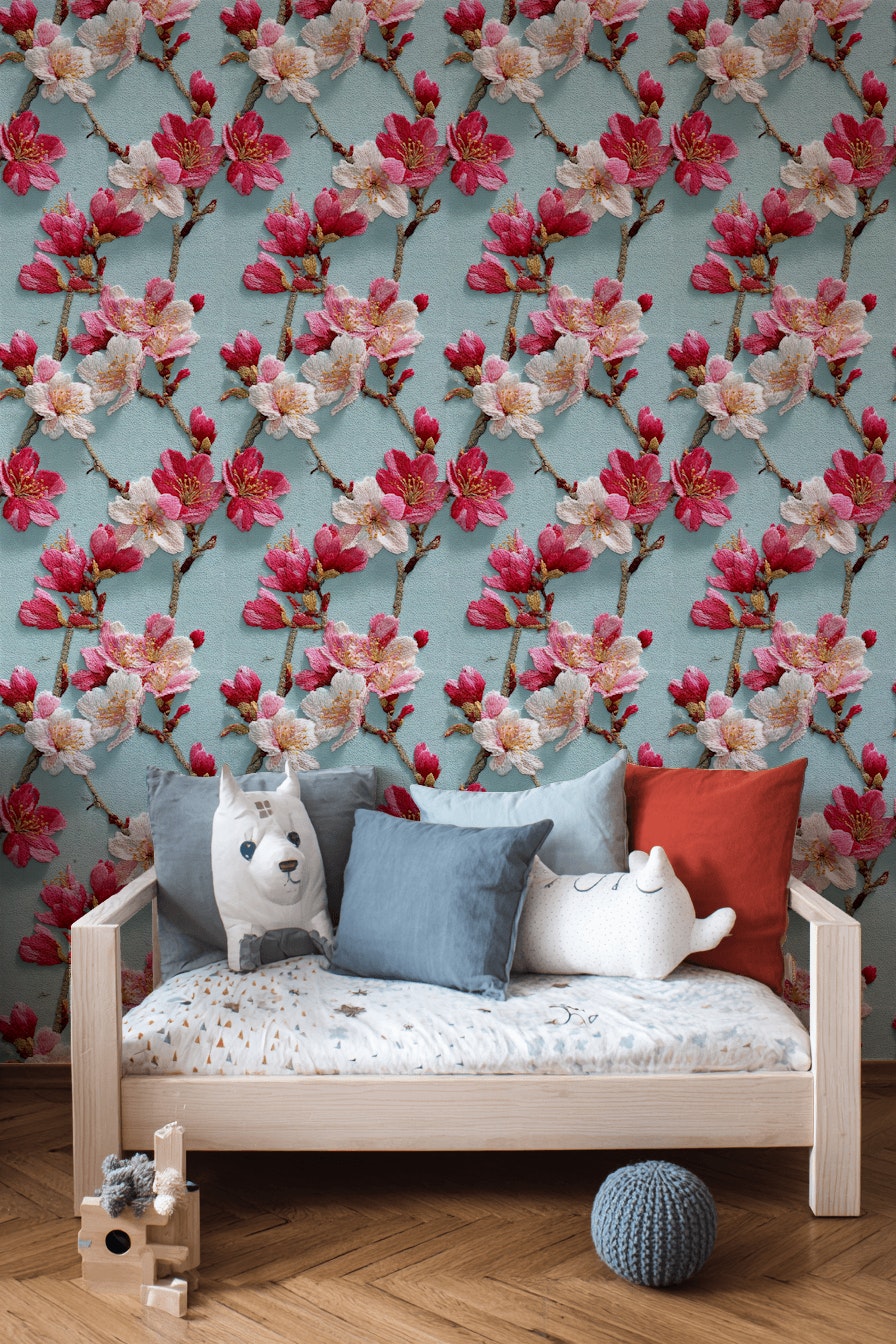Aqua Blue Cherry Blossom Floral Wallpaper