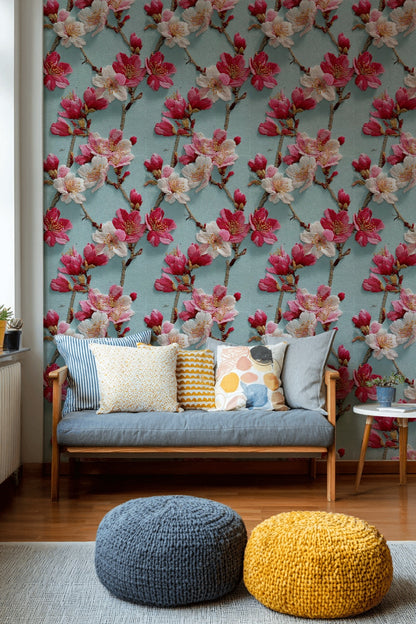 Aqua Blue Cherry Blossom Floral Wallpaper