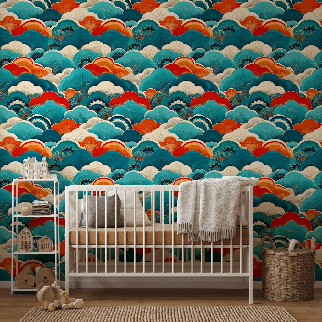 Vibrant Teal and Orange Japanese Wave Wallpaper