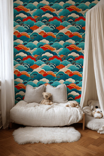 Vibrant Teal and Orange Japanese Wave Wallpaper