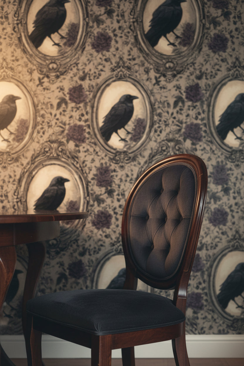 Beige and Black Vintage Bird Floral Wallpaper