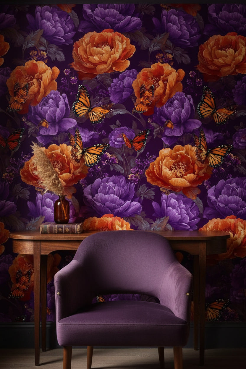 Vibrant Purple and Orange Floral Butterfly Wallpaper