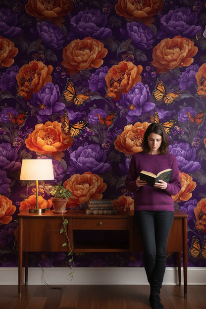 Vibrant Purple and Orange Floral Butterfly Wallpaper